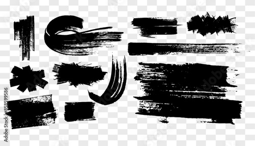 Grunge brush and ink shapes with distressed textures in black. Perfect for dirty backgrounds and borders