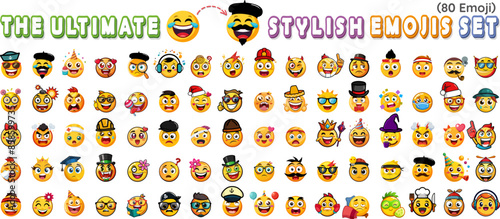 big Set of stylish emoticons emojis collection wearing stylized cute accessories with different facial expressions, 3d icons of vector cartoon face emotions, isolated on a white background.