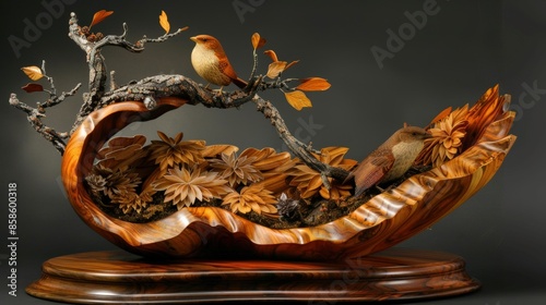Exquisite wooden carving of birds perched on a branch, surrounded by detailed leaves, showcasing intricate craftsmanship and nature's beauty.