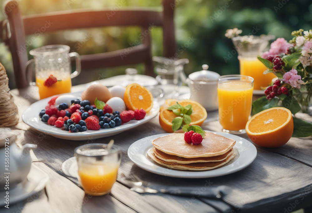 A summer outdoor breakfast table on a patio. The breakfast menu includes pancakes, eggs, orange juice, coffee, and tea. A summer outdoor breakfast table on a patio. The breakfast menu includes pancakes, eggs, orange juice, coffee, and tea.
