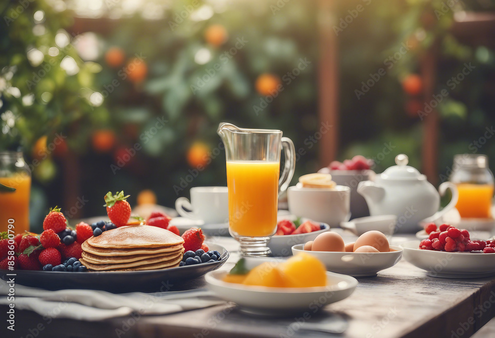 A summer outdoor breakfast table on a patio. The breakfast menu includes pancakes, eggs, orange juice, coffee, and tea. A summer outdoor breakfast table on a patio. The breakfast menu includes pancakes, eggs, orange juice, coffee, and tea.