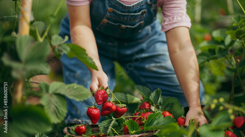 woman picking strawberries, garden worker