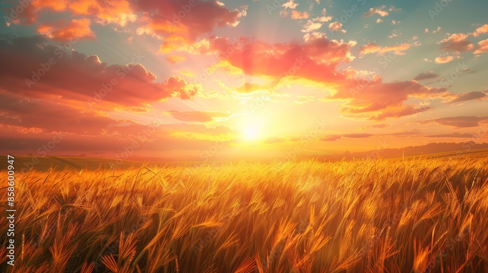 Golden sunset over a wheat field, illuminating the sky with warm, vibrant hues. Golden sunset over a wheat field, illuminating the sky with warm, vibrant hues.