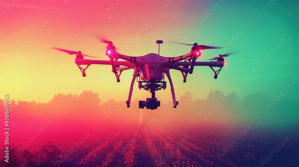 Drone flying over a field during sunset with vibrant colors in the sky, highlighting technology in nature.