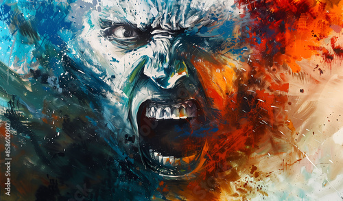 male face on an abstract background, a man screams