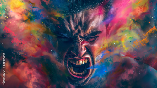 male face on an abstract background, a man screams