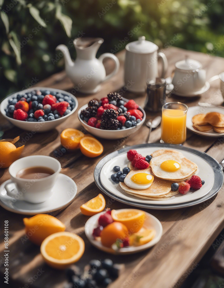 A summer outdoor breakfast table on a patio. The breakfast menu includes pancakes, eggs, orange juice, coffee, and tea. A summer outdoor breakfast table on a patio. The breakfast menu includes pancakes, eggs, orange juice, coffee, and tea.