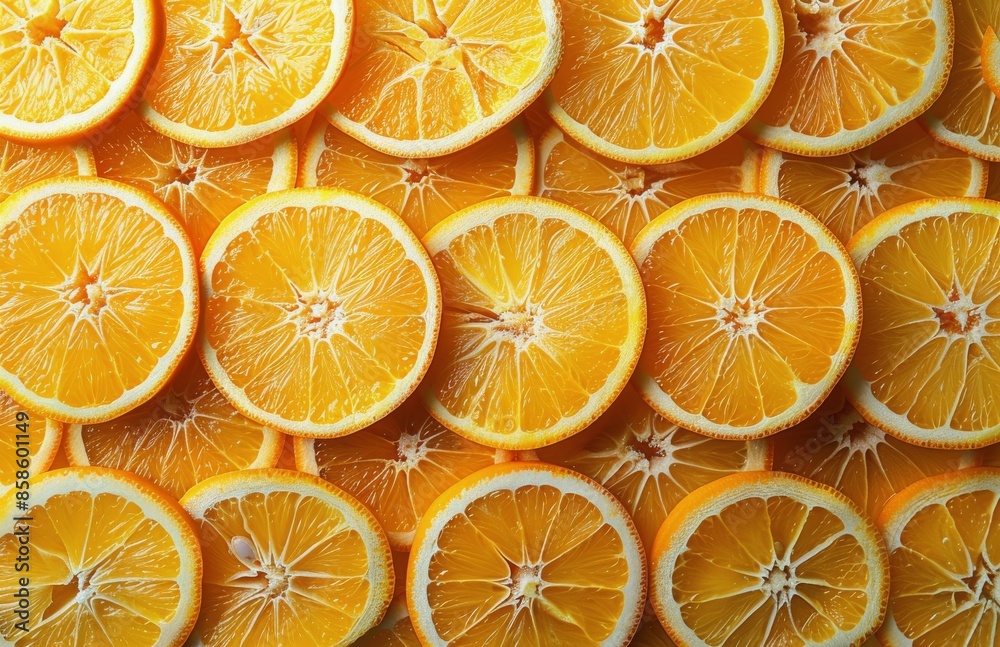 Freshly Sliced Oranges Arranged on Yellow Background Freshly Sliced Oranges Arranged on Yellow Background