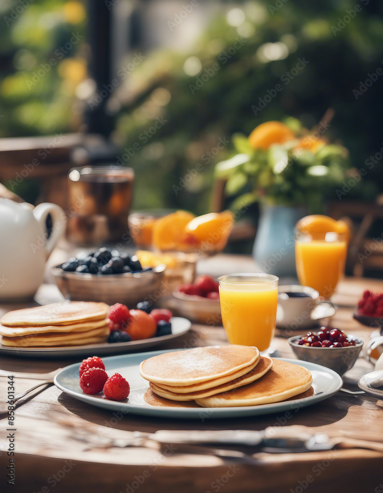 A summer outdoor breakfast table on a patio. The breakfast menu includes pancakes, eggs, orange juice, coffee, and tea. A summer outdoor breakfast table on a patio. The breakfast menu includes pancakes, eggs, orange juice, coffee, and tea.