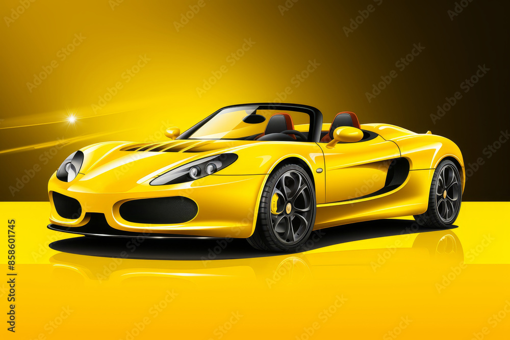 Sleek Yellow Sports Car on Glossy Surface. A luxurious yellow sports car with black detailing, parked on a reflective surface against a vibrant yellow backdrop Sleek Yellow Sports Car on Glossy Surface. A luxurious yellow sports car with black detailing, parked on a reflective surface against a vibrant yellow backdrop