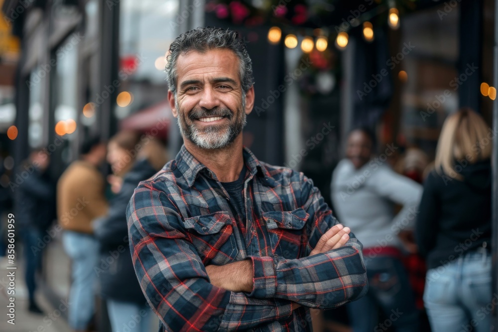 Portrait of smiling mature man standing with arms crossed in city street Portrait of smiling mature man standing with arms crossed in city street