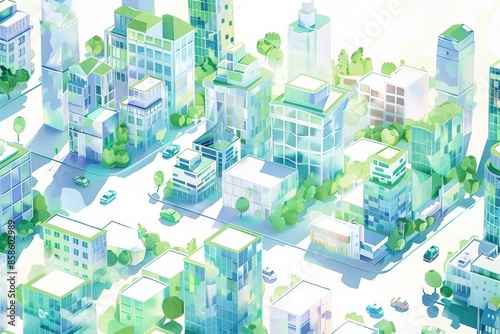 Colorful isometric illustration of a modern city with buildings, trees, and cars on a bright day, featuring sustainable urban design.