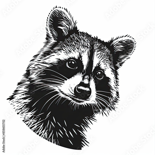 A black and white drawing of a raccoon 's head