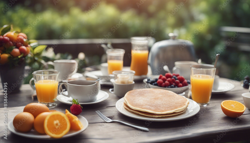 A summer outdoor breakfast table on a patio. The breakfast menu includes pancakes, eggs, orange juice, coffee, and tea. A summer outdoor breakfast table on a patio. The breakfast menu includes pancakes, eggs, orange juice, coffee, and tea.