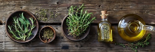 A rustic wooden table is adorned with fresh Mediterranean herbs including rosemary, thyme, and oregano, alongside a bottle and decanter of olive oil. Generative AI photo