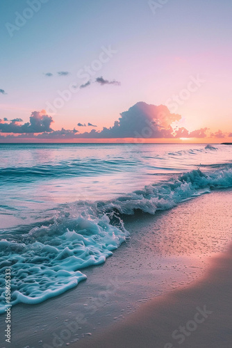 Caribbean beach at blue hour. Pink sky photo