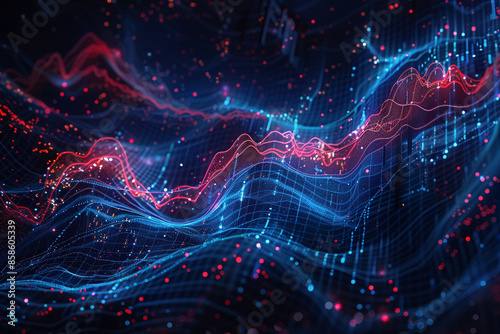 blue and red fractal pattern background with graphs of financial data, in the style of nightscapes