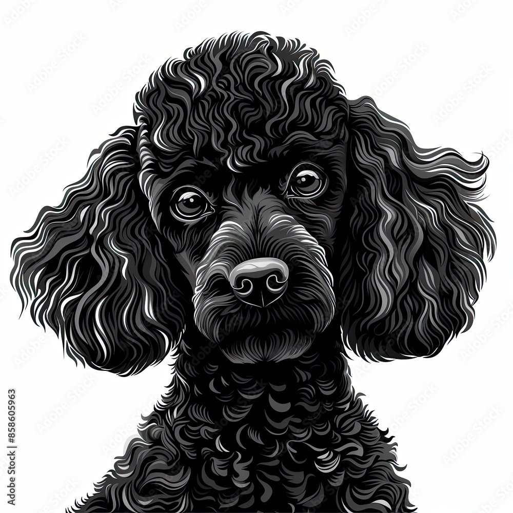 A black and white drawing of a poodle dog A black and white drawing of a poodle dog
