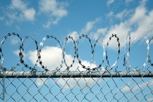 Wallpaper Mural razor wire fence in front of the sky, in the style of ethical concerns, exacting precision Torontodigital.ca