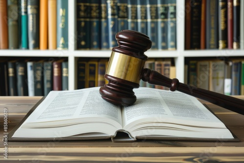 A wooden gavel rests on top of an open book. The gavel is a symbol of authority and the book is a symbol of knowledge. Concept of justice and the importance of knowledge in the legal system