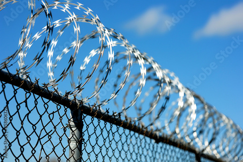 Wallpaper Mural this photo shows several razor wire fences, in the style of light sky-blue and black Torontodigital.ca