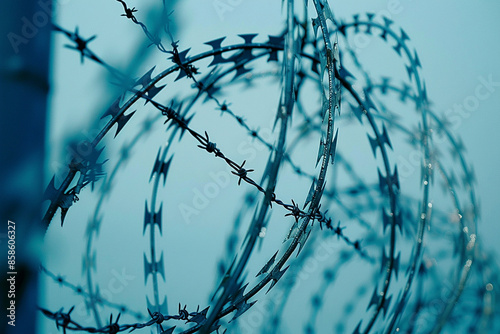 Wallpaper Mural this photo shows several razor wire fences, in the style of light sky-blue and black Torontodigital.ca
