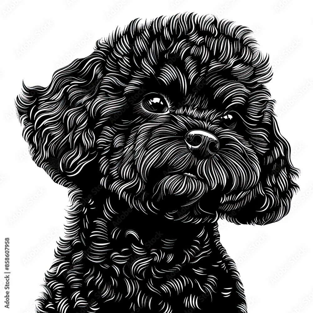 A black and white drawing of a poodle dog A black and white drawing of a poodle dog