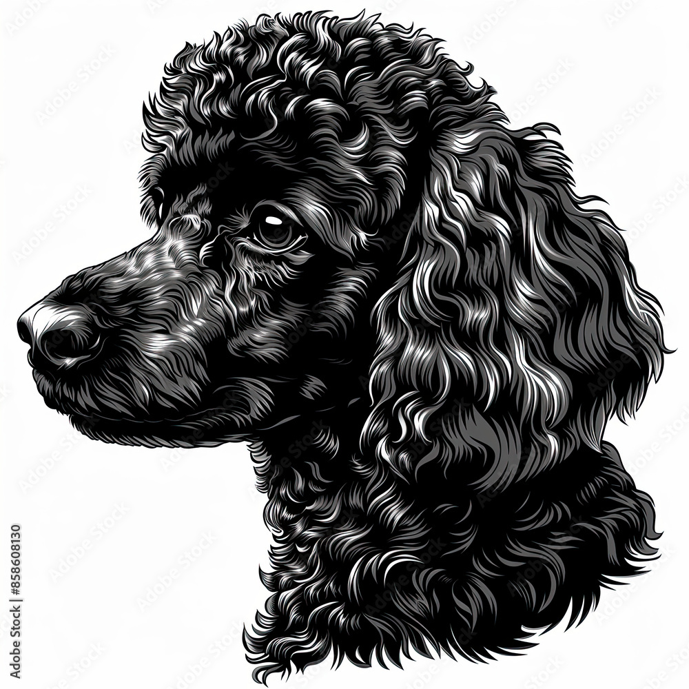 A black and white drawing of a poodle dog A black and white drawing of a poodle dog
