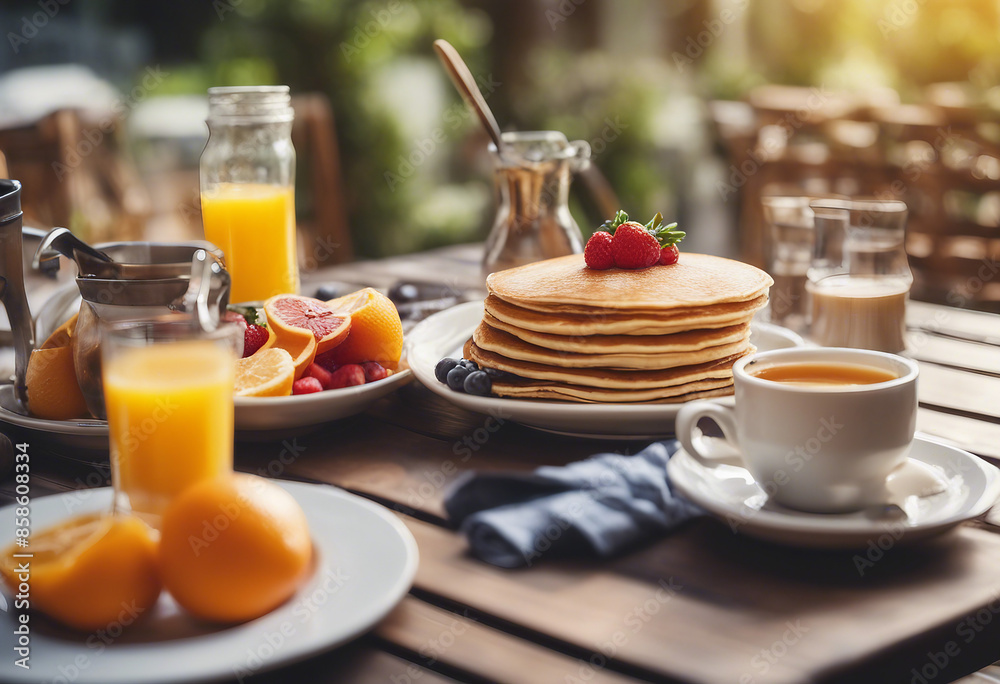 A summer outdoor breakfast table on a patio. The breakfast menu includes pancakes, eggs, orange juice, coffee, and tea. A summer outdoor breakfast table on a patio. The breakfast menu includes pancakes, eggs, orange juice, coffee, and tea.