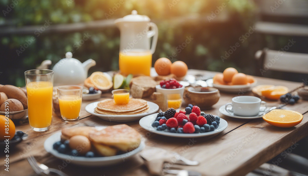 A summer outdoor breakfast table on a patio. The breakfast menu includes pancakes, eggs, orange juice, coffee, and tea. A summer outdoor breakfast table on a patio. The breakfast menu includes pancakes, eggs, orange juice, coffee, and tea.