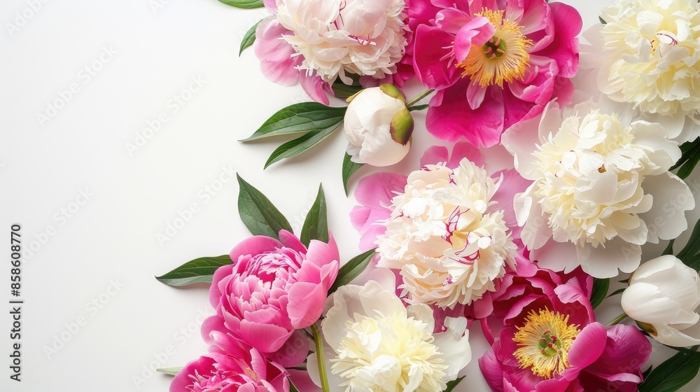 Pink and white peonies on white table with copy space top view in macro closeup style Pink and white peonies on white table with copy space top view in macro closeup style