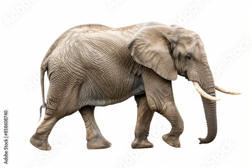 there is a large elephant walking across a white background