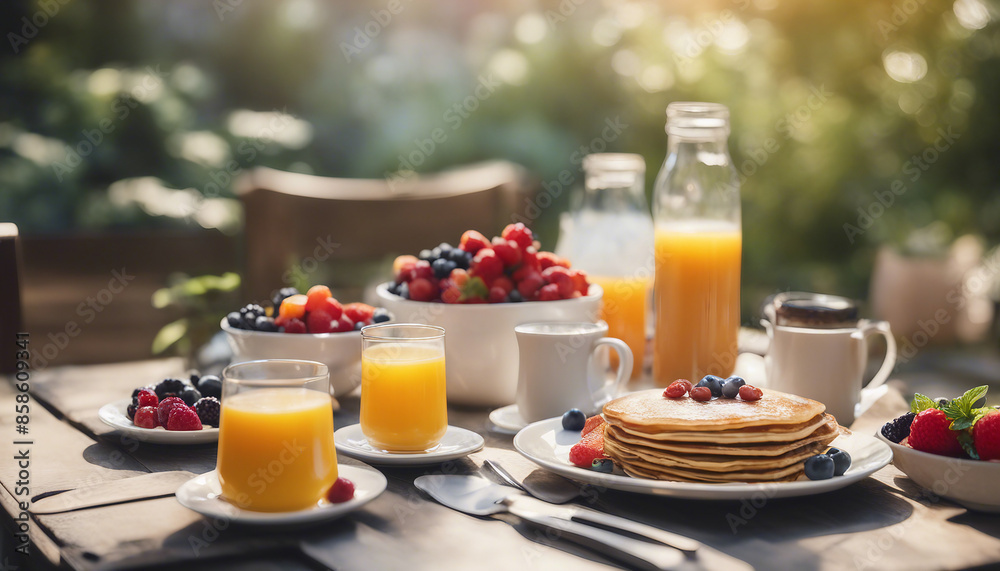 A summer outdoor breakfast table on a patio. The breakfast menu includes pancakes, eggs, orange juice, coffee, and tea. A summer outdoor breakfast table on a patio. The breakfast menu includes pancakes, eggs, orange juice, coffee, and tea.