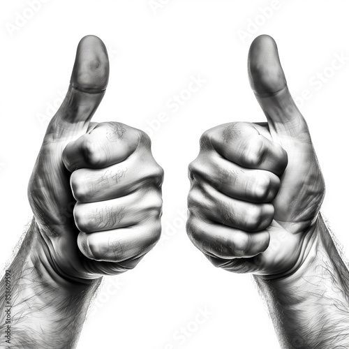  two hands doing thumbs up against  white backgroundMinimal creative gesture concept. photo