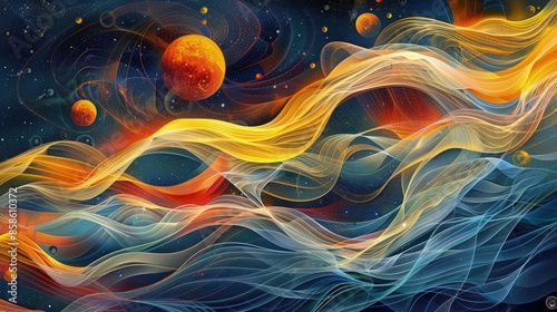 Abstract cosmic waves with floating orbs and interwoven energy streams, resembling an ethereal ocean landscape. photo