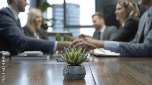 Business meeting with handshake, various professionals sitting around a table, plant replaced with a small sculpture