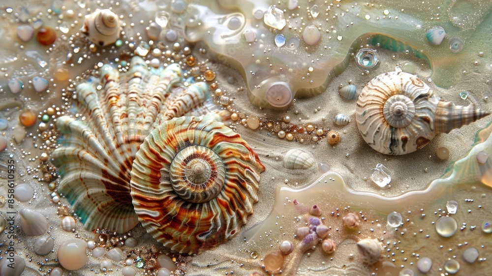 Detailed seashells with complex patterns, nestled in a bed of sparkling sand and tiny gemstones. Detailed seashells with complex patterns, nestled in a bed of sparkling sand and tiny gemstones.