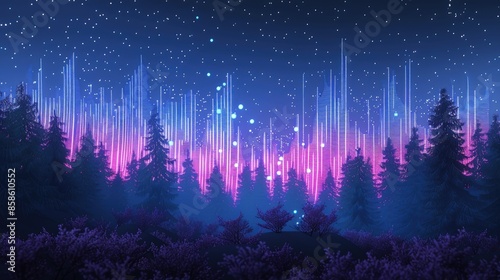 Digital soundwaves visualization with glowing dots, background of starry night sky forest.