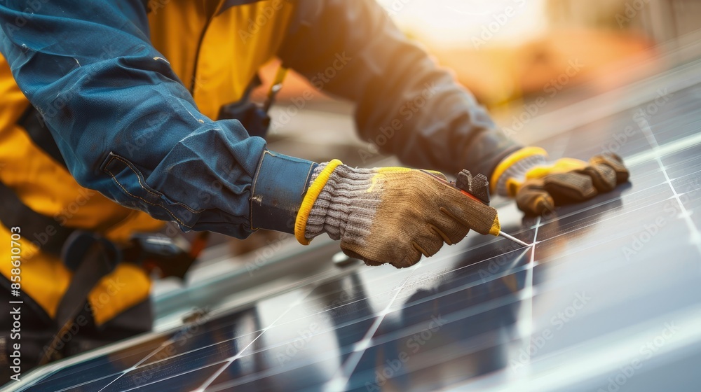 Man installing a solar panel with a screwdriver, surrounding tools and equipment for construction visible. Man installing a solar panel with a screwdriver, surrounding tools and equipment for construction visible.