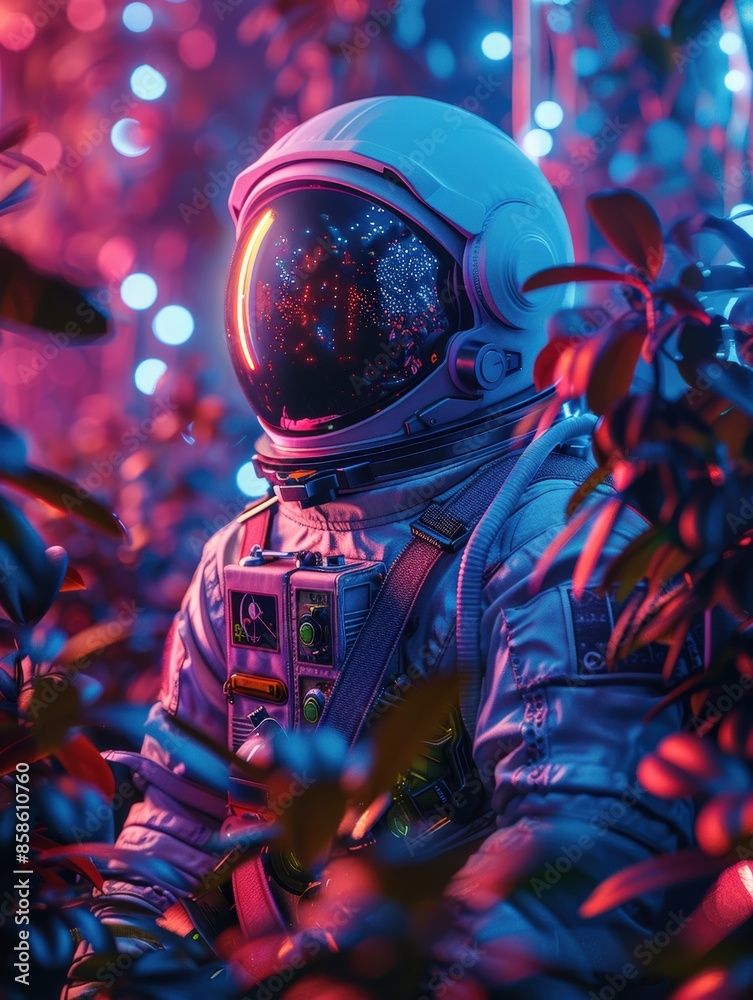 A futuristic scene featuring an astronaut in a neon-lit, lush jungle with vibrant colors and glowing foliage, blending technology and nature. A futuristic scene featuring an astronaut in a neon-lit, lush jungle with vibrant colors and glowing foliage, blending technology and nature.