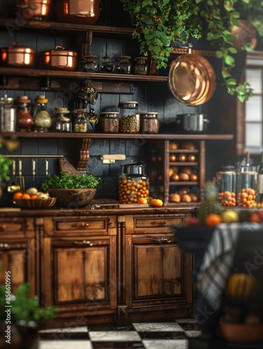 Rustic Kitchen with Wooden Cabinets and Copper Accents