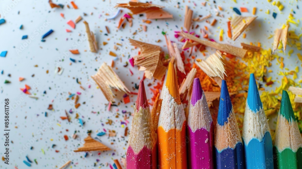 Fototapeta premium Colorful pencils and wood shavings with graphite crumbs on white background Minimal creative idea