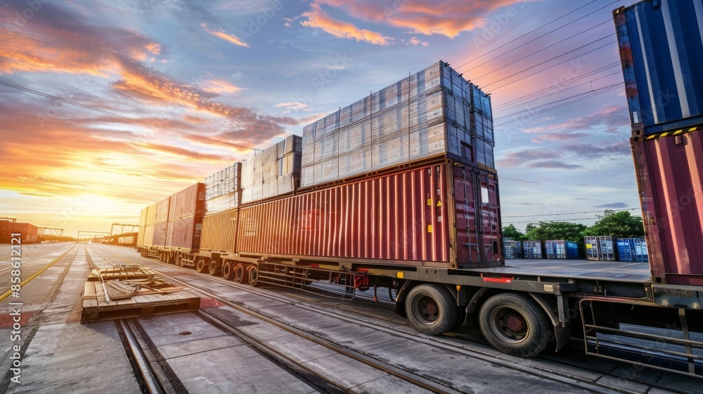 Container Yard on blue sky background and floor ground with copy space, Global Business Logistics import export goods of freight carrier, industrial port, cargo transportation industry concept Container Yard on blue sky background and floor ground with copy space, Global Business Logistics import export goods of freight carrier, industrial port, cargo transportation industry concept