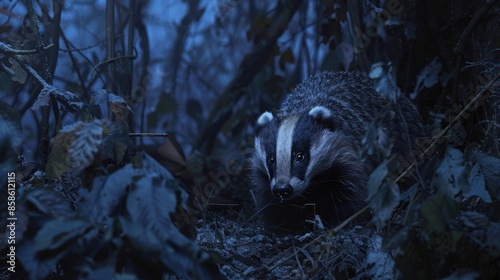 European badger close up leaving sett at dusk photo