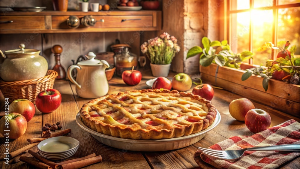 Naklejka premium Warm sunlight illuminates a cozy kitchen scene featuring a lovingly prepared homemade apple pie, surrounded by vintage utensils and rustic decorations.,hd,8k