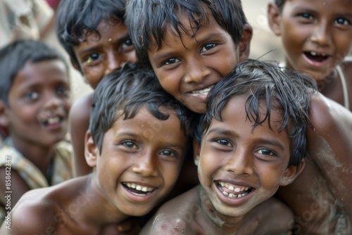 Group of Indian children smiling at the camera in a village in India © Chacmool