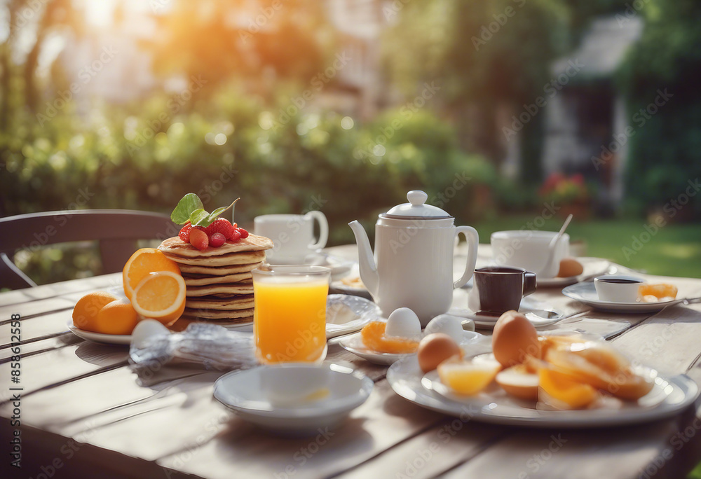 A summer outdoor breakfast table on a patio. The breakfast menu includes pancakes, eggs, orange juice, coffee, and tea. A summer outdoor breakfast table on a patio. The breakfast menu includes pancakes, eggs, orange juice, coffee, and tea.