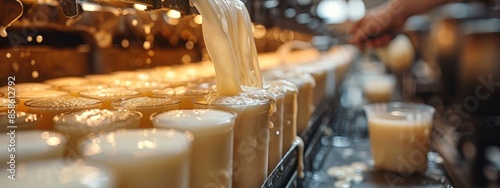 Filling Glasses with Creamy Milk on a Production Line