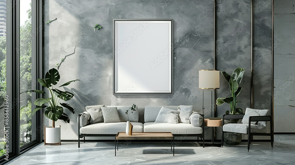 3D Render of Living Room Wall Mockup with ISO A Paper Size Frame, Modern Interior 3D Render of Living Room Wall Mockup with ISO A Paper Size Frame, Modern Interior