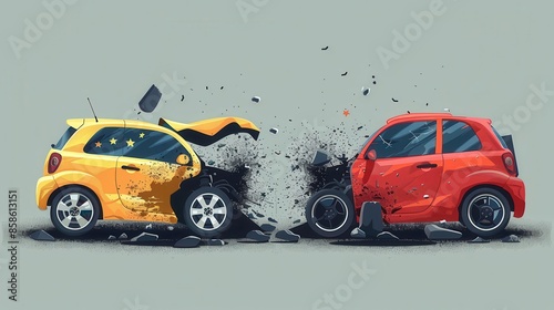 This illustration shows a yellow and red car in a head-on collision with considerable debris and visible damage, offering a dynamic representation of vehicle crashes. photo